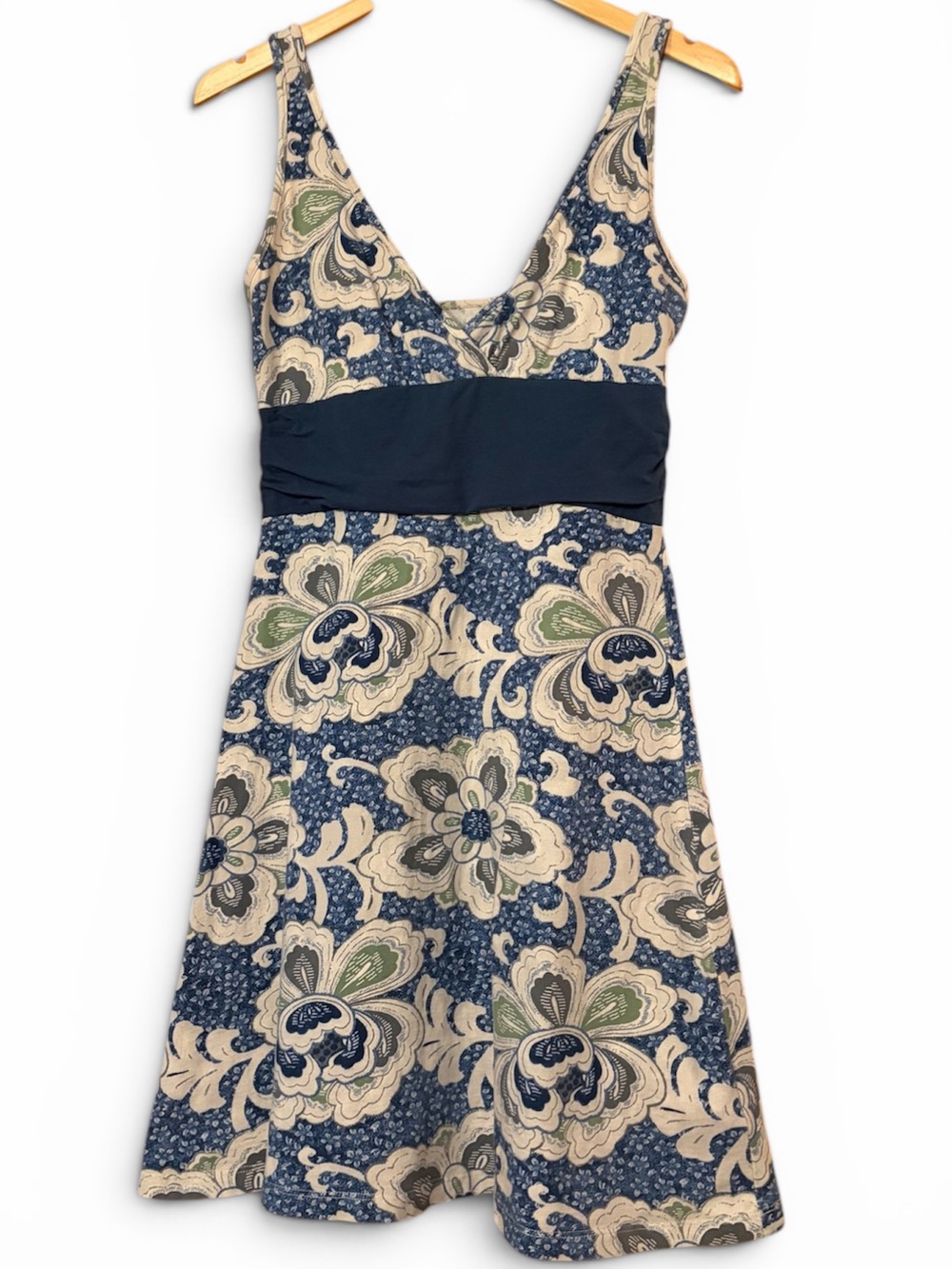 Patagonia Floral V-Neck Navy & Cream Organic Cotton Dress